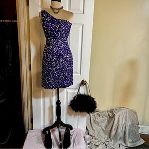 Vintage Scala Women’s Silk Beaded Sequin Purple Silver One Shoulder Mini Dress 0